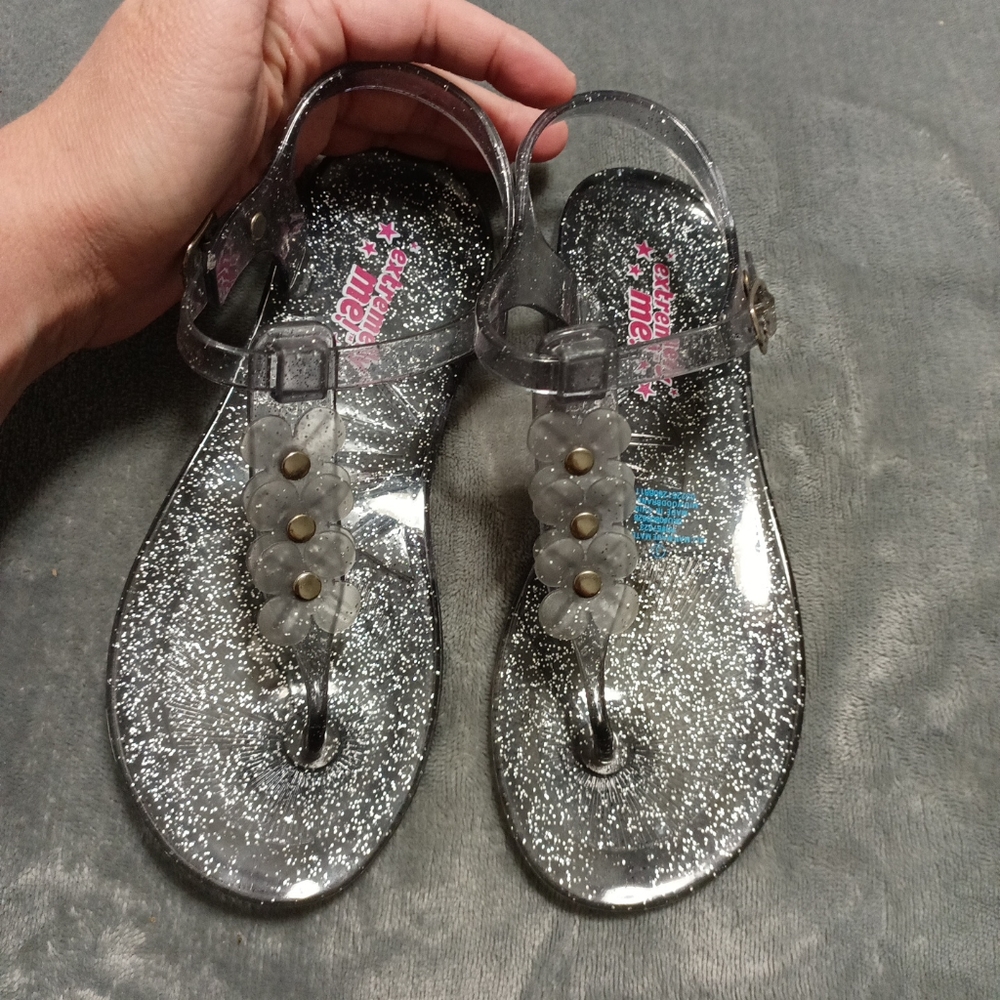 Girls Extremely Me Clear Shimmery Silver Jelly Sandals Floral Detail Size 3